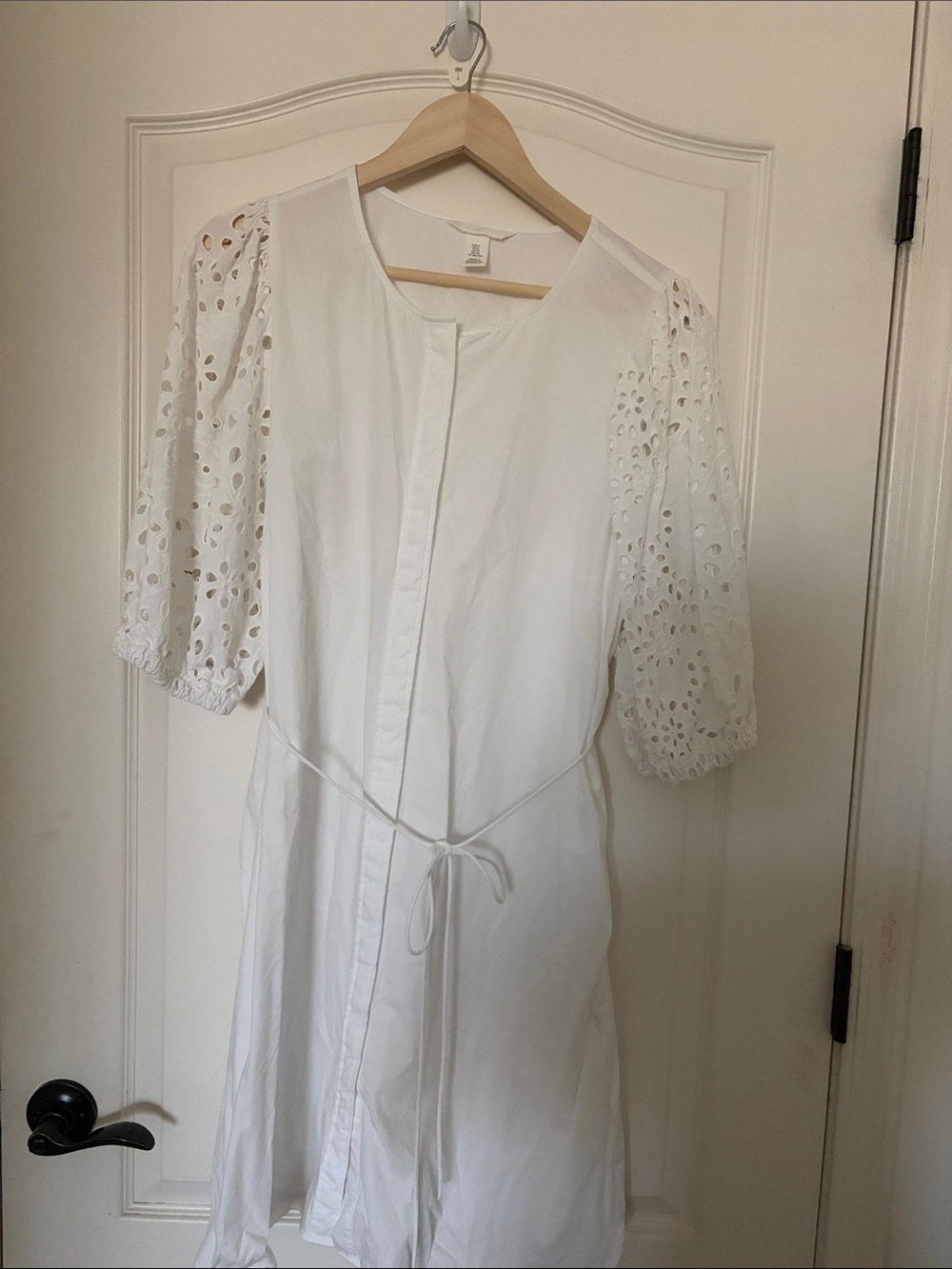 H&M White Eyelet Sleeve Tie-Waist Dress (37 1/2 in. length)